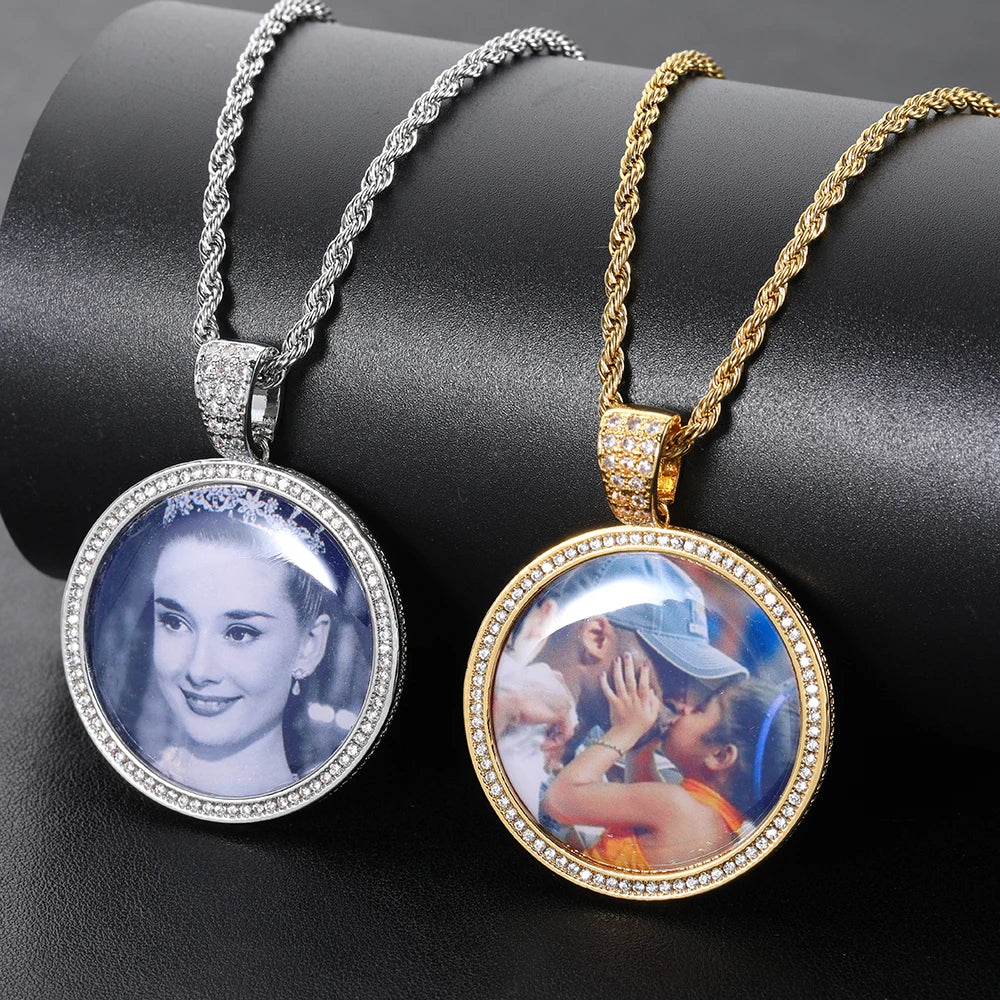 Iced Out Photo Pendant Necklace Stainless Steel