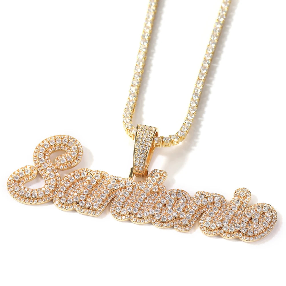 Uwin Custom Cursive Letter With Baguette Chain Iced Out Name Necklace Chain Cubic Zirconia Fashion Hiphop Jewelry