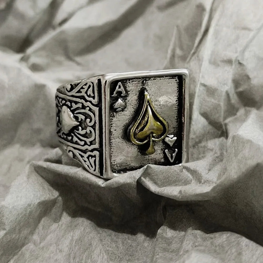Retro Ace of Spades Ring For Men Silver Color Punk Gothic Open Ring Designer Jewelry Unisex Accessories Creative Peace Art Gift