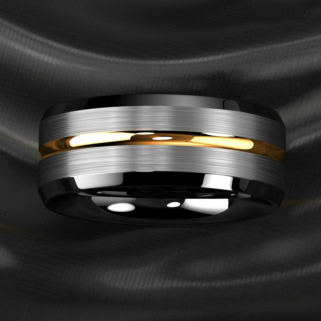 8MM Fashion Gold Color Groove Stainless Steel Rings Silver Color Brushed Black Edge Rings Women Wedding Band Jewelry