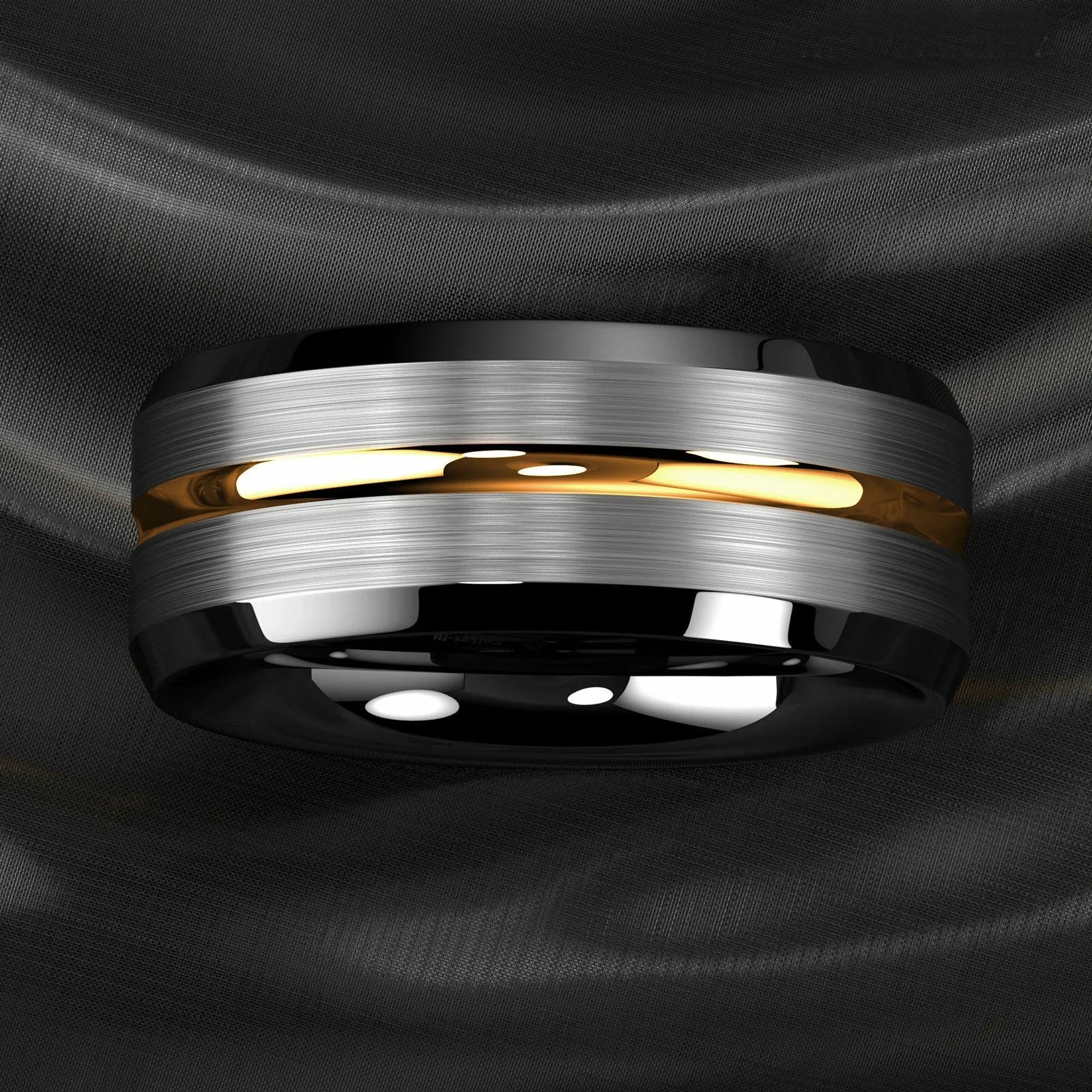 8MM Fashion Gold Color Groove Stainless Steel Rings Silver Color Brushed Black Edge Rings Women Wedding Band Jewelry