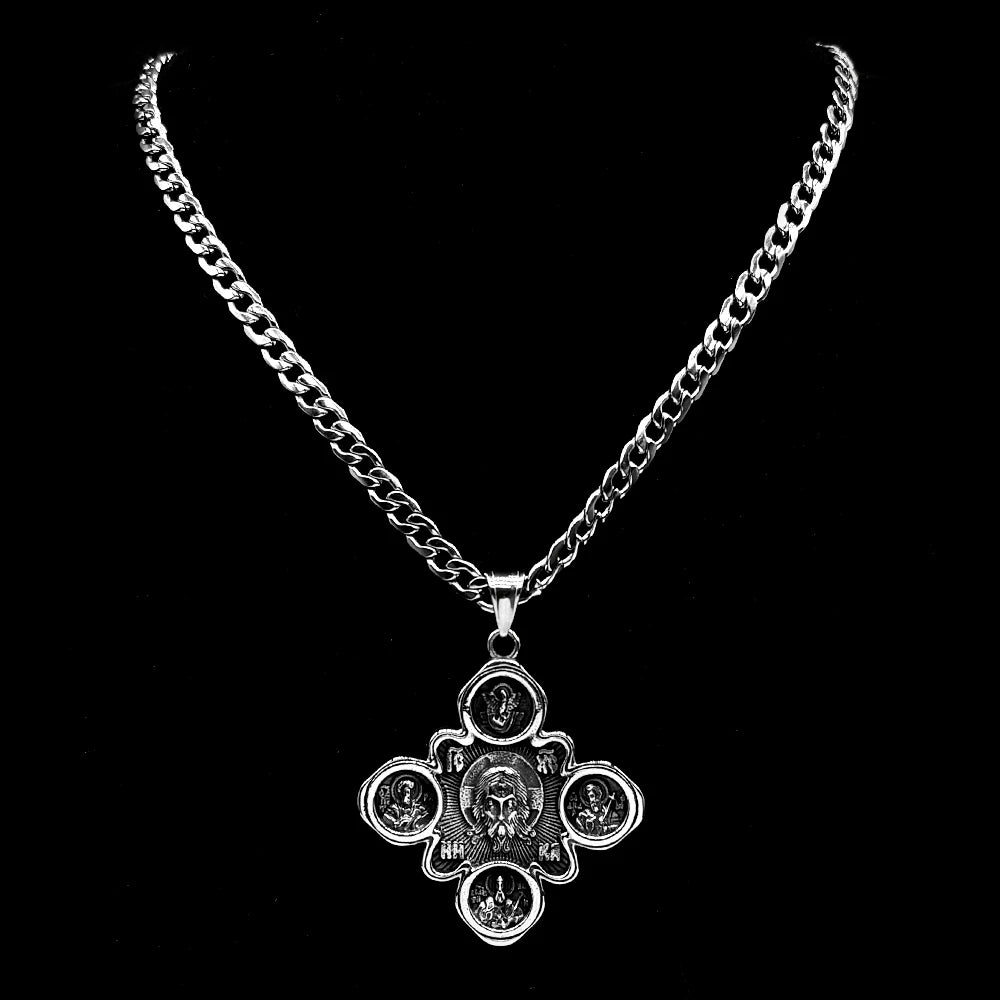 Orthodox Four Saints Pantocrator Jesus Christ IC XC Cross Pendant Necklace Antiqued Stainless Steel Silver Color Faith Jewelry