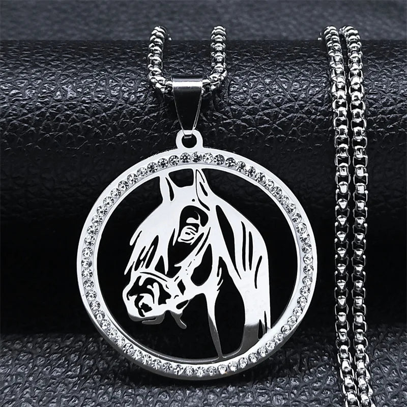Horses Head Pendant Necklace for Men Women Stainless Steel Crystal Animal Chain Horse Accessories Jewelry Colar