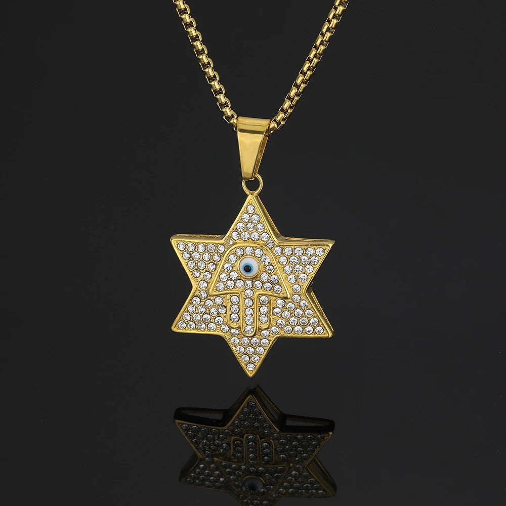 Hamsa Evil Eye Star of David Pendant Necklace — Gold-Tone Steel
