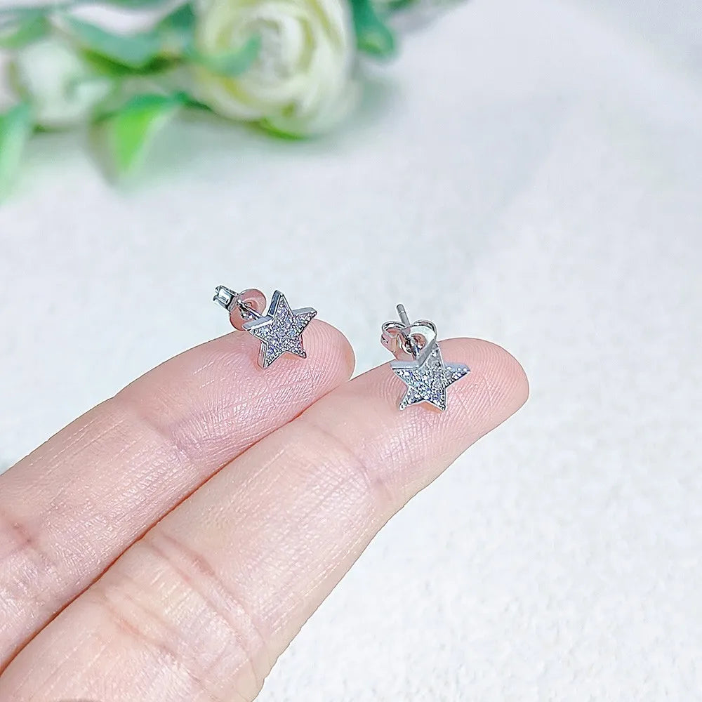 Iced Out Star Stud Earrings Stainless Steel CZ