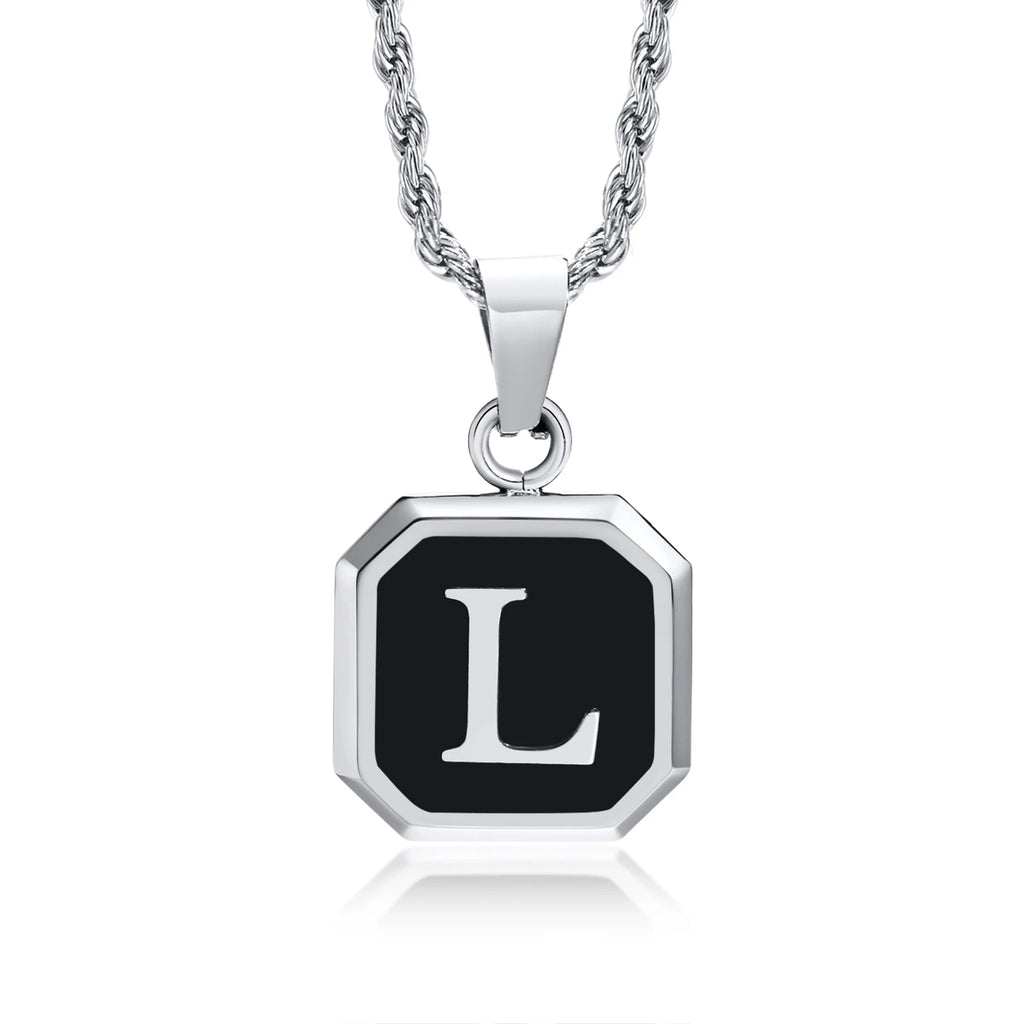 Initials Necklaces for Men Women,A-Z 26 Letters Black Square Stainless Steel Pendant Collar,45-60CM Twisted Rope Chain