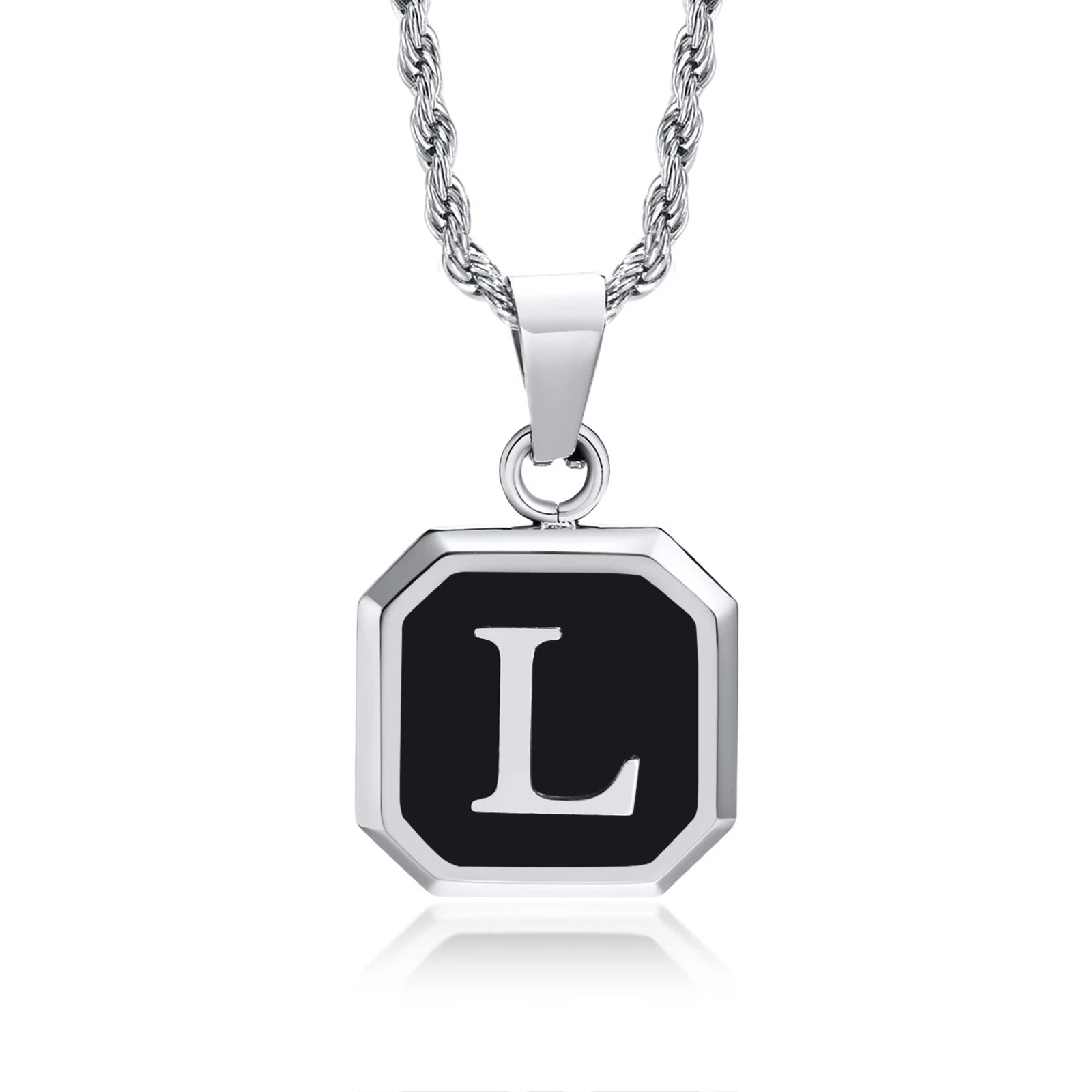 Initials Necklaces for Men Women,A-Z 26 Letters Black Square Stainless Steel Pendant Collar,45-60CM Twisted Rope Chain