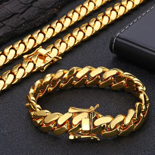 8-14mm Punk Rock Stainless Steel Rhombus Cuban MIami Link Chain Bracelets for Men Hip Hop Rock Jewelry Gold Color