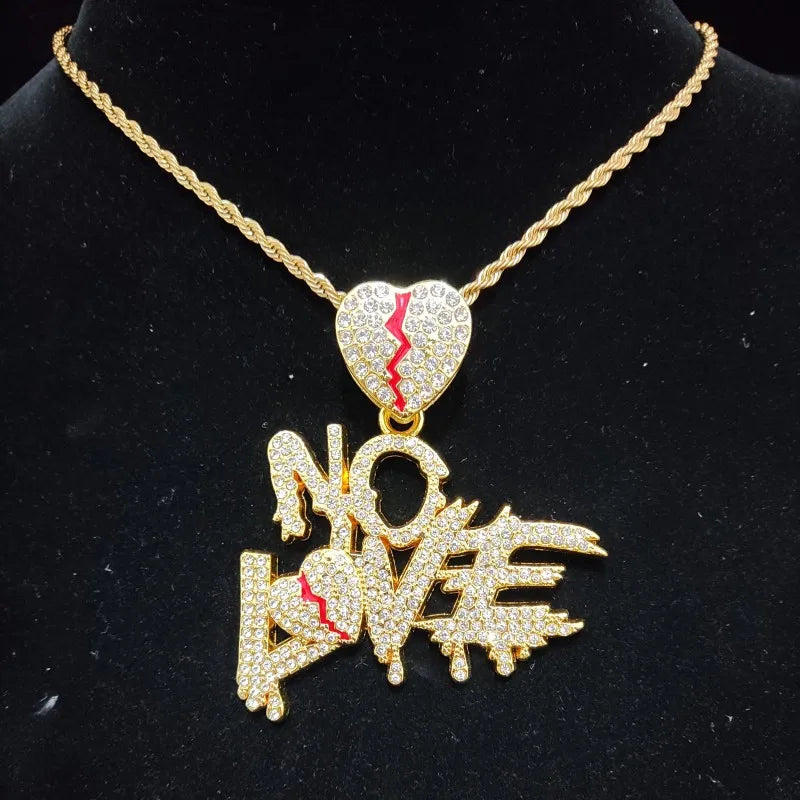 Men Women Hip Hop No Love Heart Pendant Necklace with 14mm Cuban Chain HipHop Iced Out Bling Hiphop Necklaces Fashion