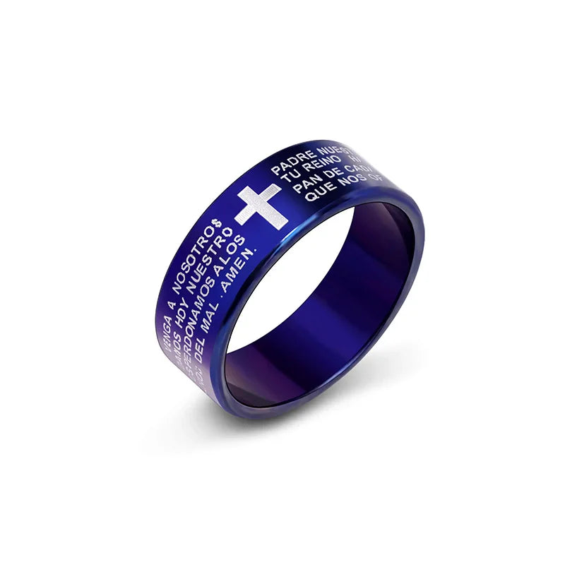 Black Jesus Men's Titanium Steel Bible Scripture Cross Jesus Ring Letter Bible Scripture Prayer Ring Men's 8mm Amulet