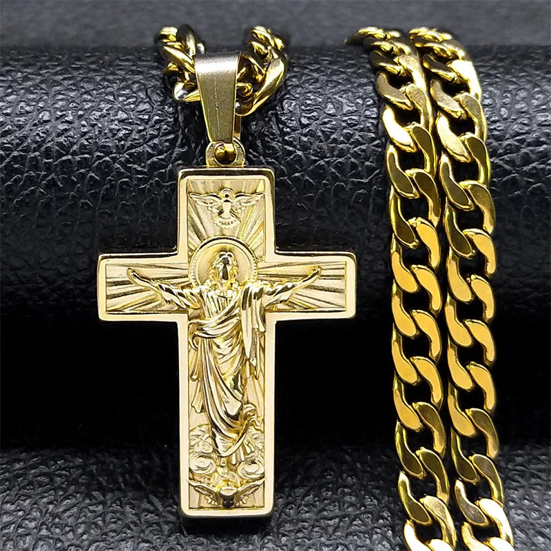 Stainless Steel Cross Jesus Pendant Necklace for Men Gold Color Hip Hop Cuban Chain Religious Crucifix Necklaces