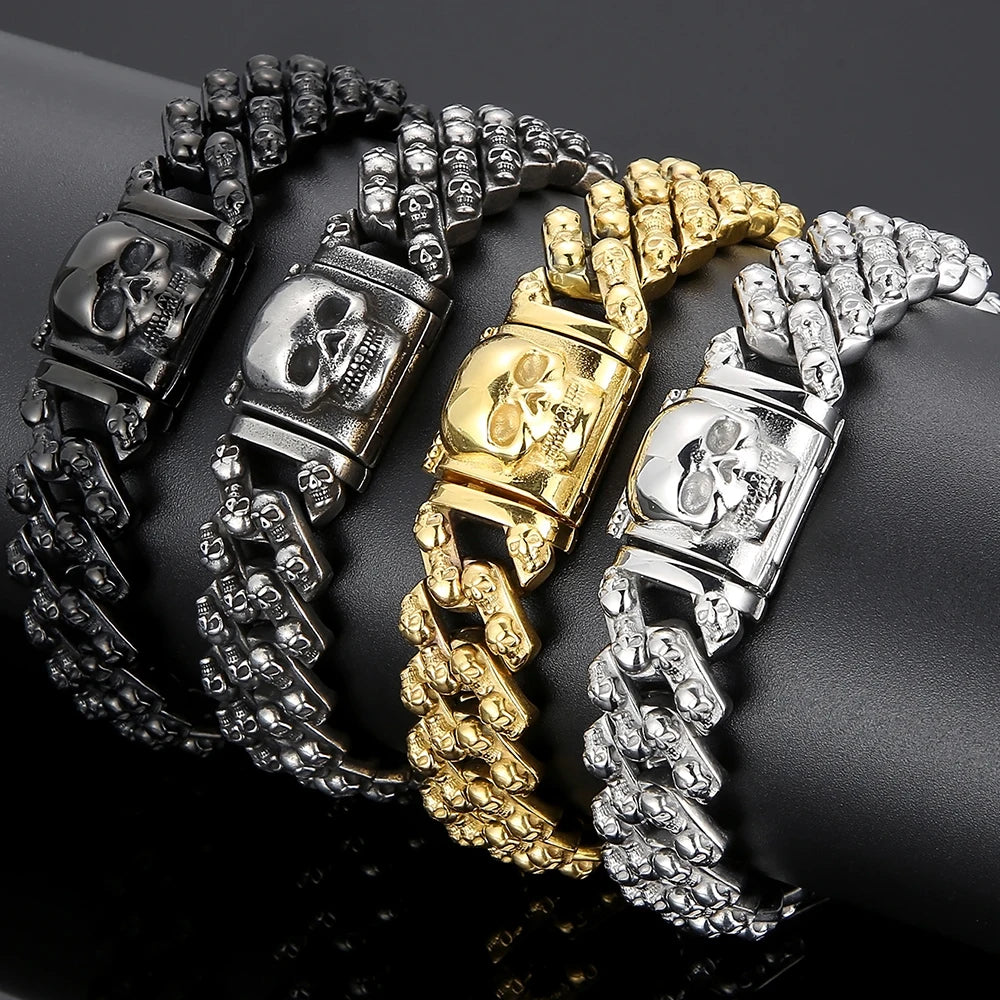 Steampunk Skeleton Man Bracelet Men's Stainless Steel Skull Head Chain Wristband Viking Charm Bangles Halloween Jewelry
