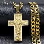 Stainless Steel Cross Jesus Pendant Necklace for Men Gold Color Hip Hop Cuban Chain Religious Crucifix Necklaces