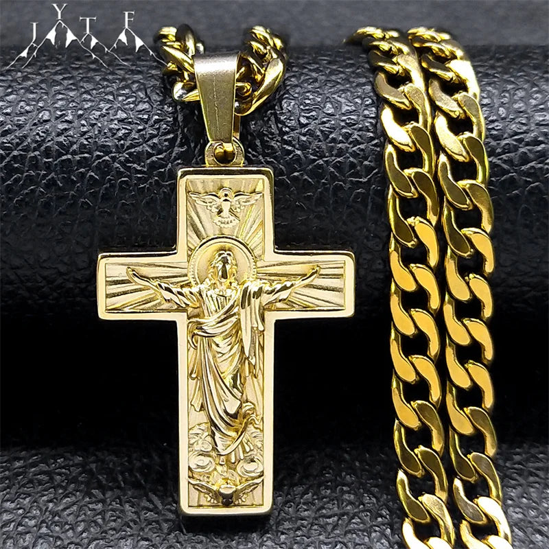 Stainless Steel Cross Jesus Pendant Necklace for Men Gold Color Hip Hop Cuban Chain Religious Crucifix Necklaces