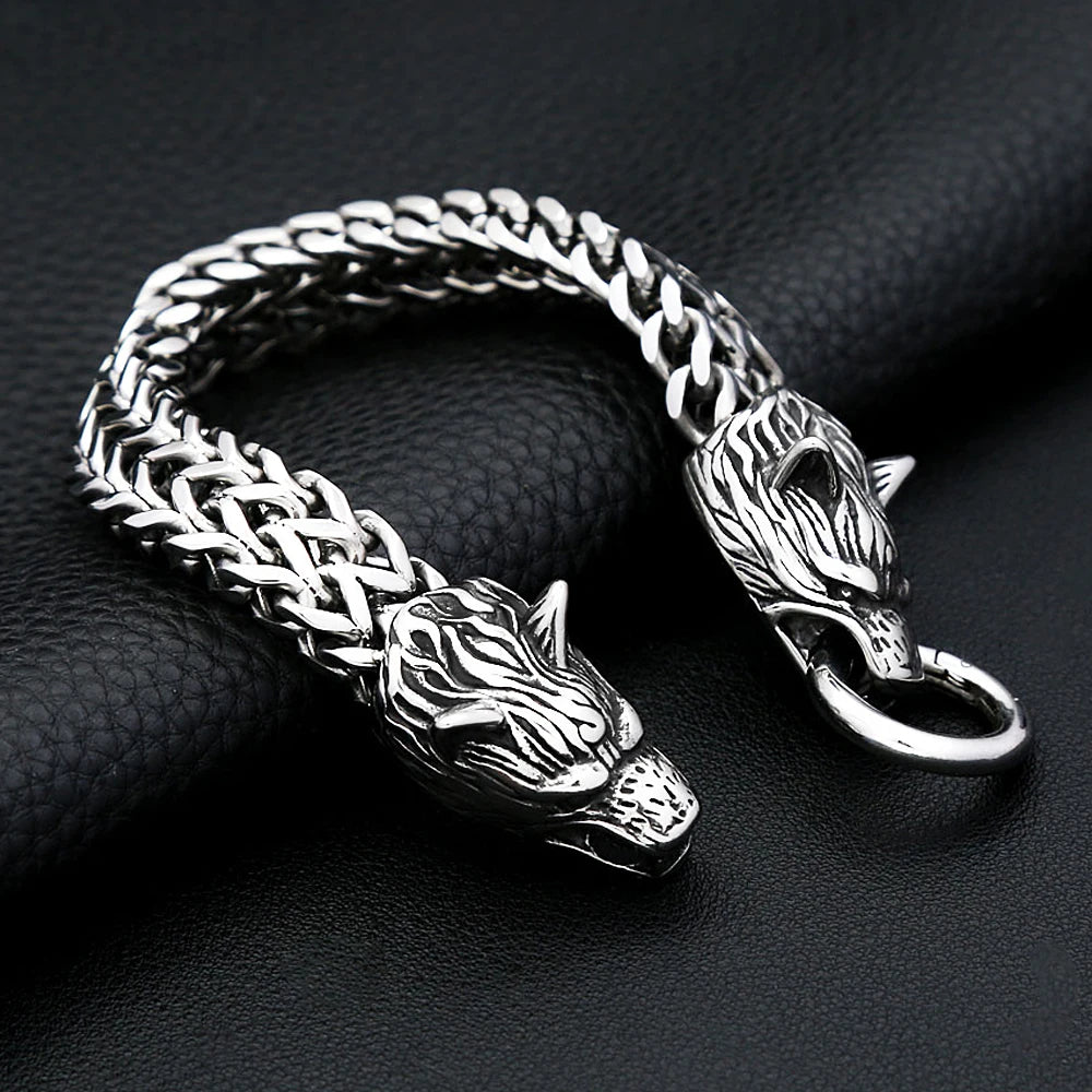 Double Wolf Head Bracelet — Stainless Steel