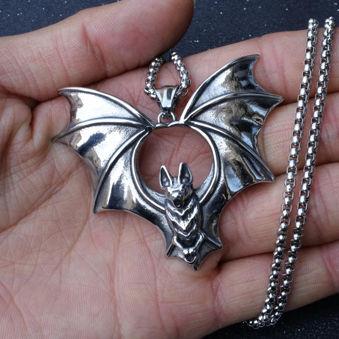 Gothic Bat Pendant Necklace Silver Stainless Steel