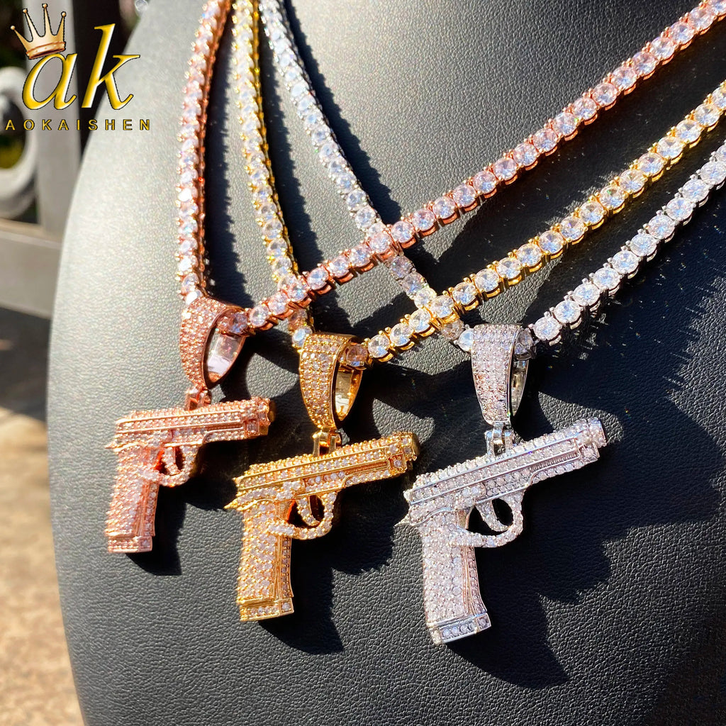 Aokaishen Iced Out Gun Necklace Pendant for Men Street Culture Prong Setting Charm Cubic Zirconia Hip Hop Jewelry