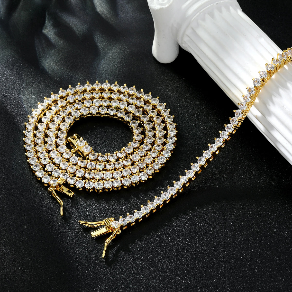 Hip Hop Iced Out Cubic Zircon 3mm Tennis Bracelet And Necklace Set Women Men Link Chain Jewelry Gold 5A CZ Silver