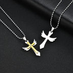 Two-Tone Wing Cross Pendant Necklace CZ Stone — Stainless Steel