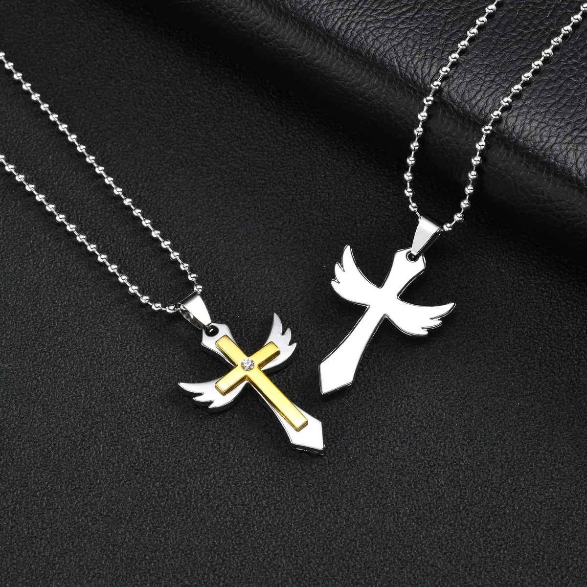 Two-Tone Wing Cross Pendant Necklace CZ Stone — Stainless Steel