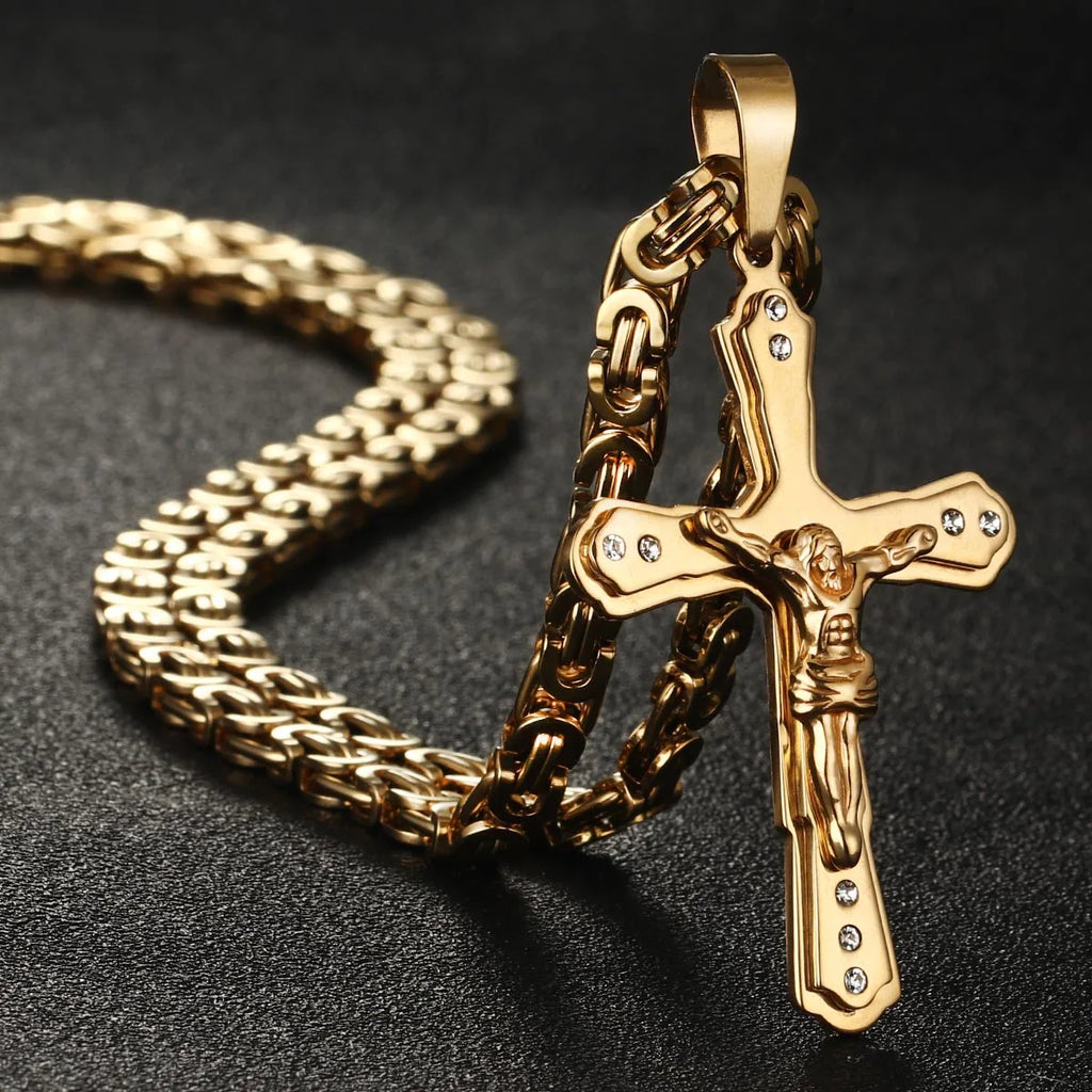 Holy Cross Jesus Crystal Crucifix Necklace — Stainless Steel