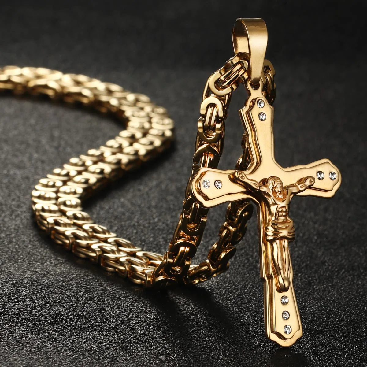 Holy Cross Jesus Crystal Crucifix Necklace — Stainless Steel