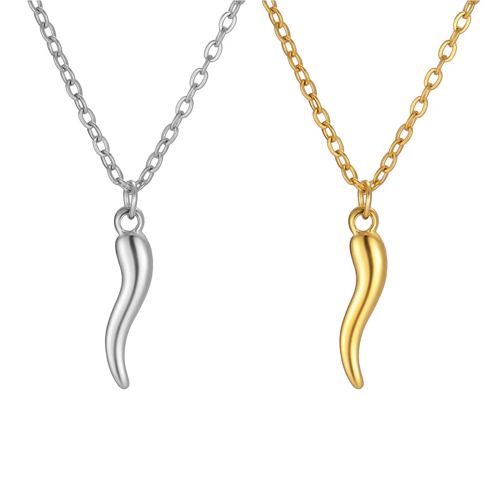 Italian Horn Amulet Pendant Necklace — Steel