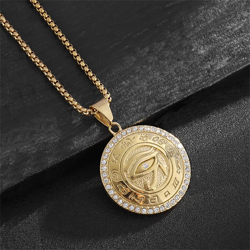 Ancient Egypt The Eye of Horus Pendant Gold Male Color Stainless Steel Zircon Round Necklace for Men Egyptian Jewelry Gift 2025