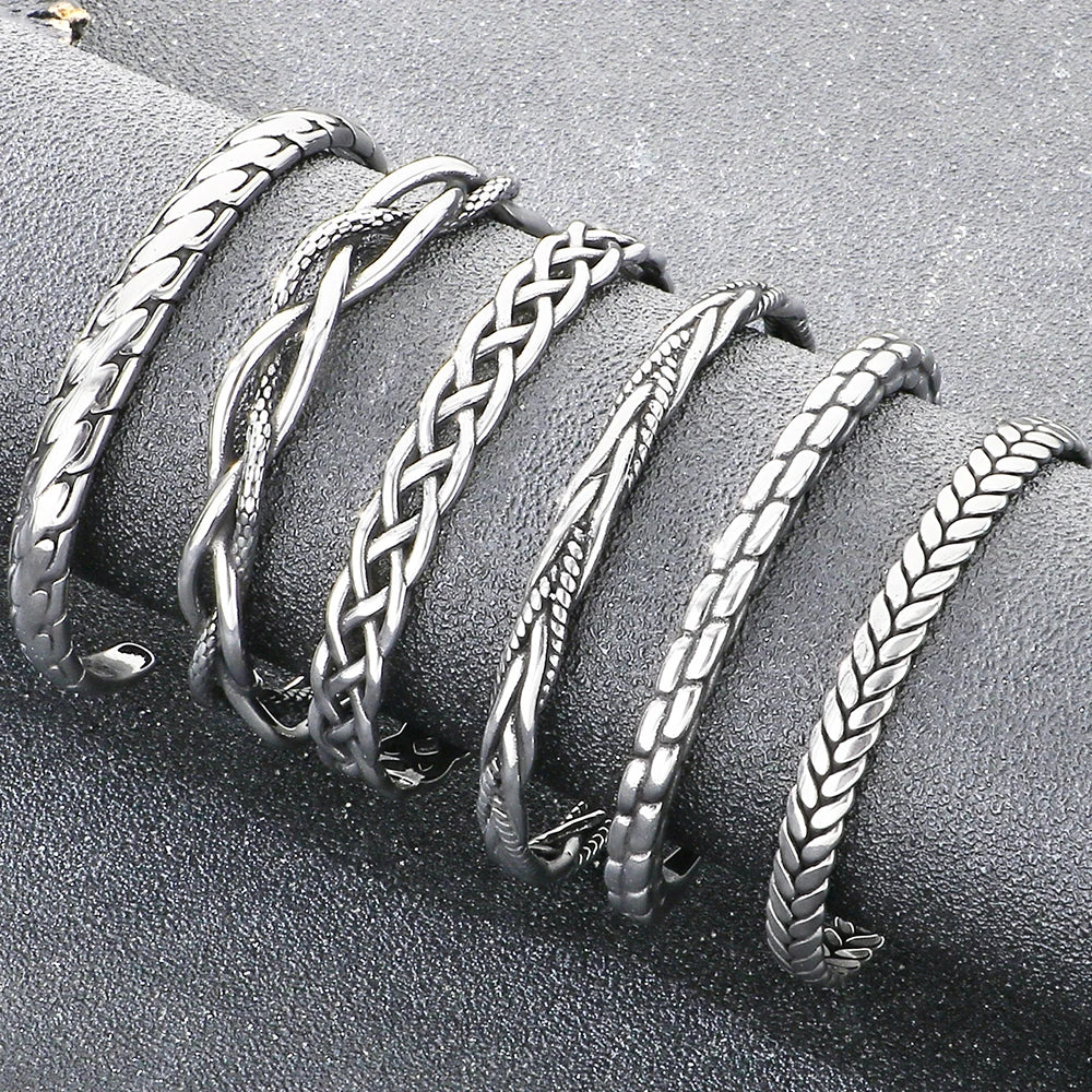 Retro Men Open Bangle for Man Stainless Steel Men's Braided Chain Style Cuff Bracelets Cool Birthday Jewelry Gifts for