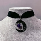 Gothic Temperament Black Human Face Moon Amethyst Round Bead Pendant Velvet Necklace for Women Men Halloween Party Jewelry Gifts