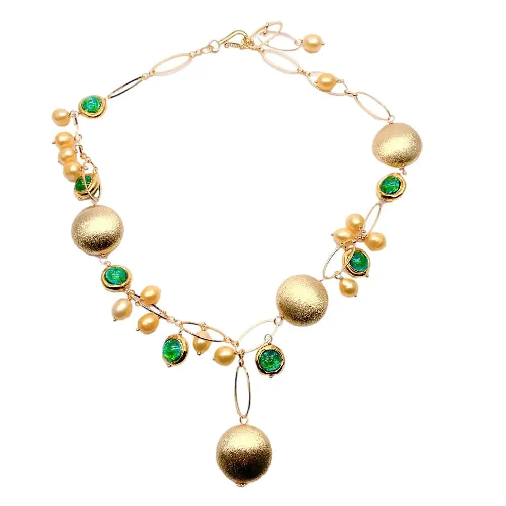 Rice Pearl Murano Glass Coin Y-Drop Necklace — Gold-Tone Copper