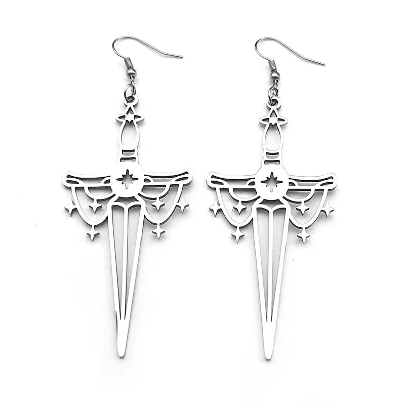 Cross Jesus Silver Earrings Goth Sword Star Hoop