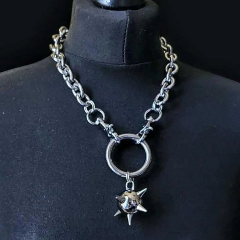Gothic Spiked Mace Pendant Choker Necklace — Silver-Tone