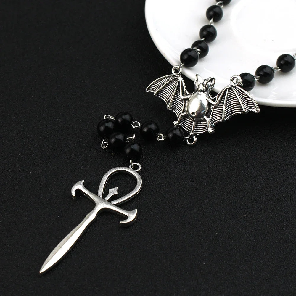 Gothic Bat Cross Rosary Necklace for Women Fashion Mystery Witch Jewelry Accessories Gift Silver Color Bat Charm Vampire Choker