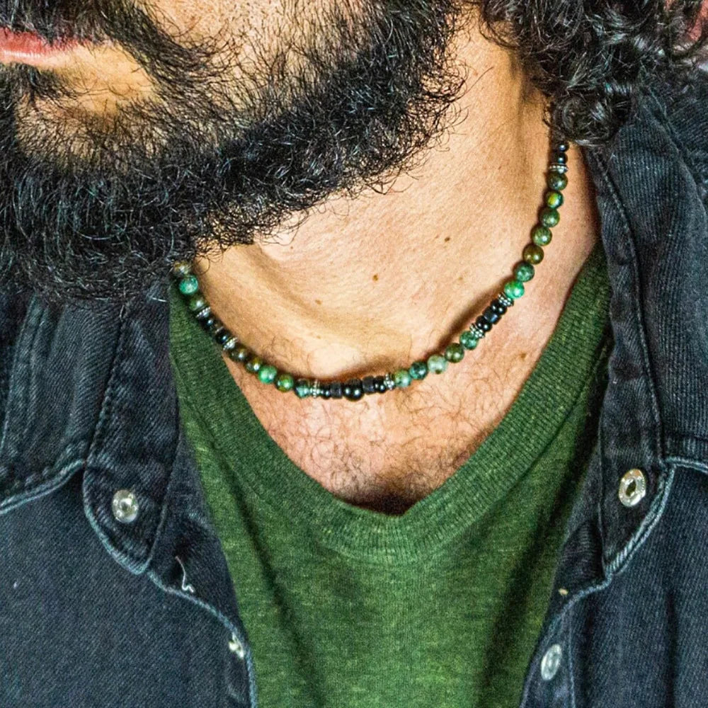 1PC INGX Man's Retro Ethnic Style Natural Flash Stone Necklace for Men Black Beaded Surfer Necklace Man Jewelry Collar Hombre