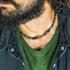 1PC INGX Man's Retro Ethnic Style Natural Flash Stone Necklace for Men Black Beaded Surfer Necklace Man Jewelry Collar Hombre