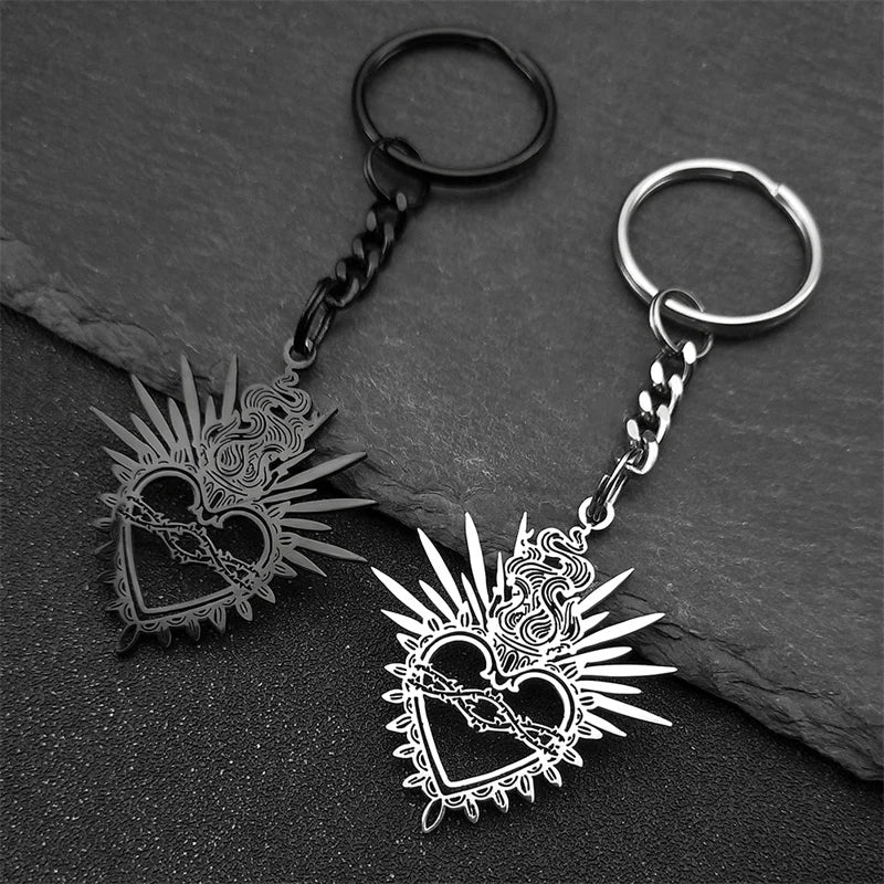 Heart Key Steel Pendant Flaming Sacred Thorns
