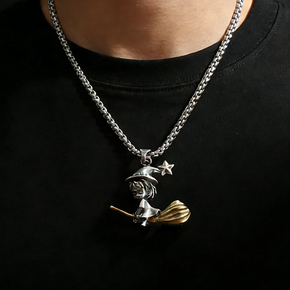Gold Star Witch Pendant Necklace Retro