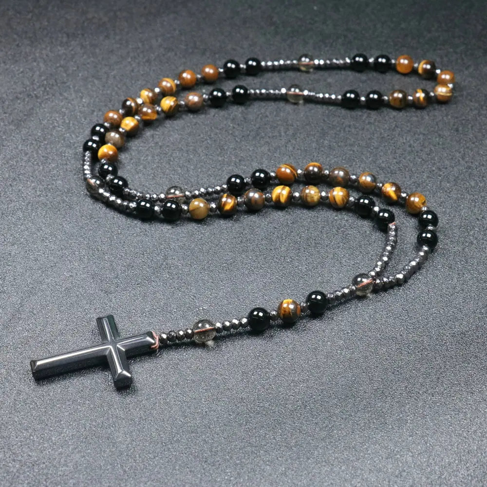 Tiger Eye Black Obsidian Rosary Cross Necklace — Black-Tone, 8mm