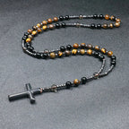 Rosary Necklace For Men Women 8mm Tiger Eye Black Obsidian Beads Necklace Christ Buddhist Meditation Cross Necklace Jewelry