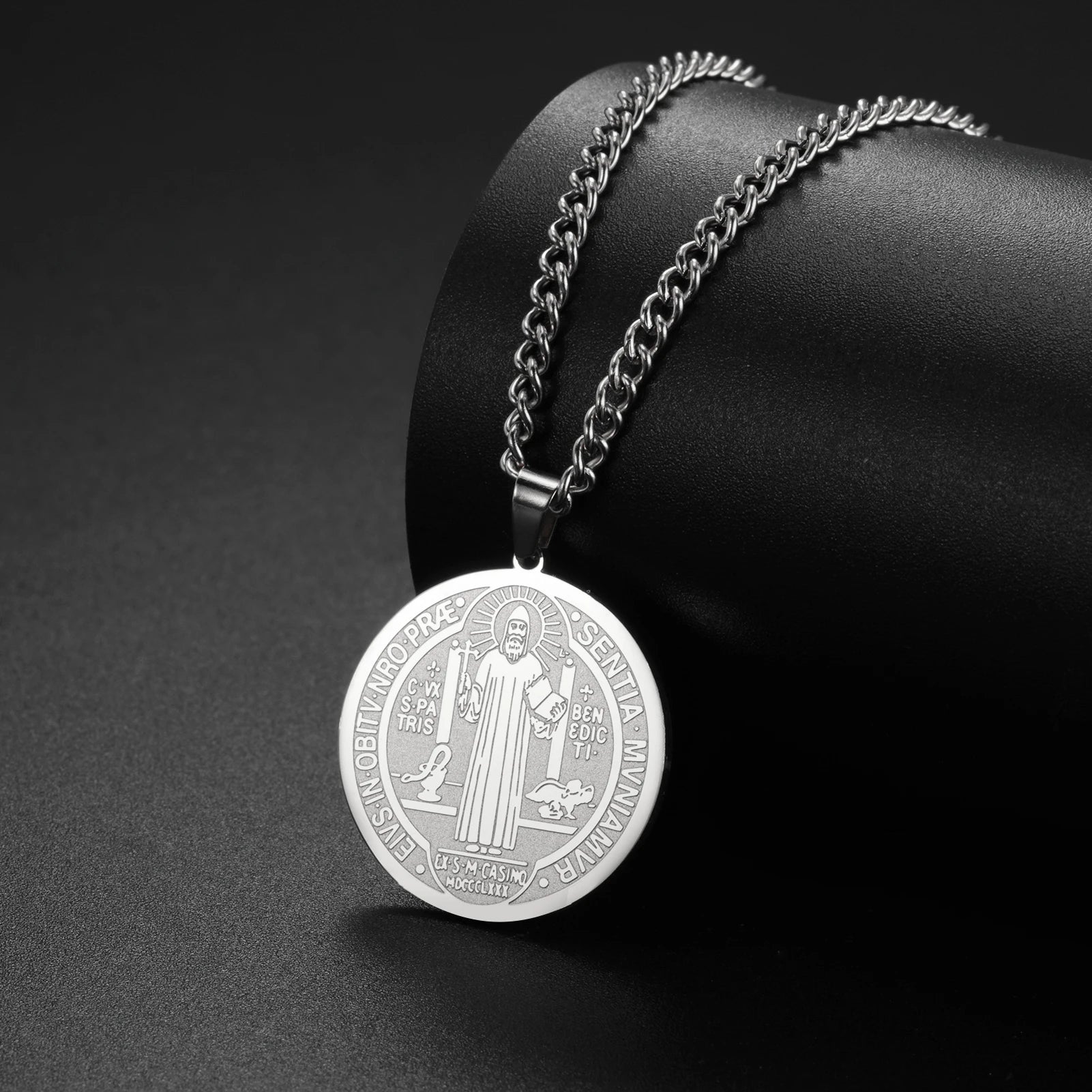 My Shape Saint Benedict Medal Pendant Necklace for Women Men Gold Plated Stainless Steel Round Double Sides Choker Jewelry Gifts