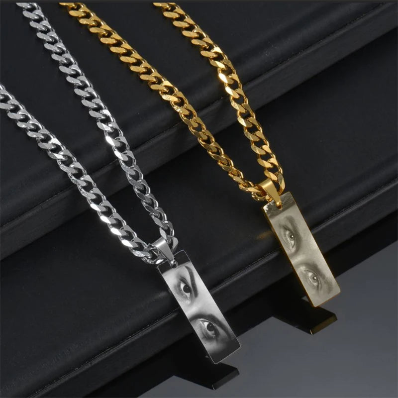 Letdiffery Custom Engraved Eyes Necklaces for Women Men Stainless Sreel Laser Carve Photo Names Square Pendant Jewelry