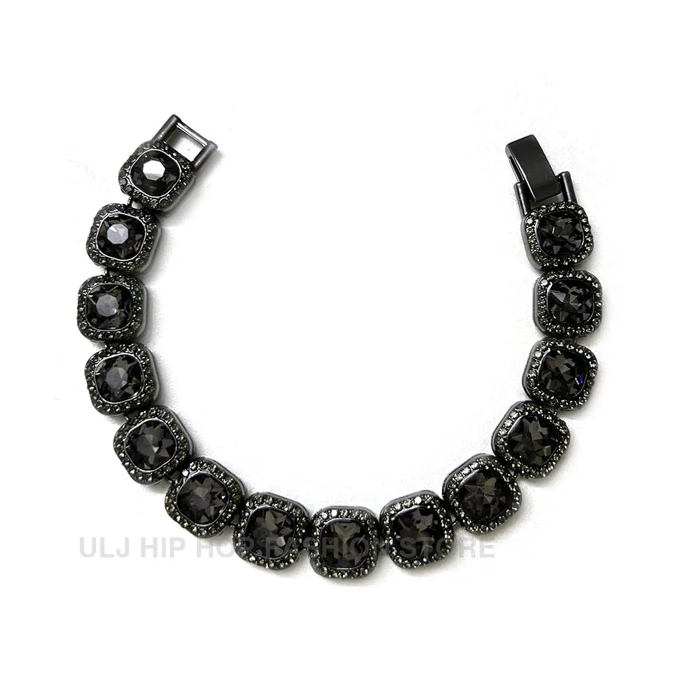 ULJ Hip Hop Shiny Black Cuban Link Chain Bracelets Women Men  Bling Rhinestone Iced Out Punk Wristband Hand Jewelry
