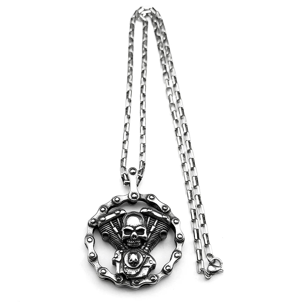 Skull Motorcycle Silver Pendant Heavy Duty Engine