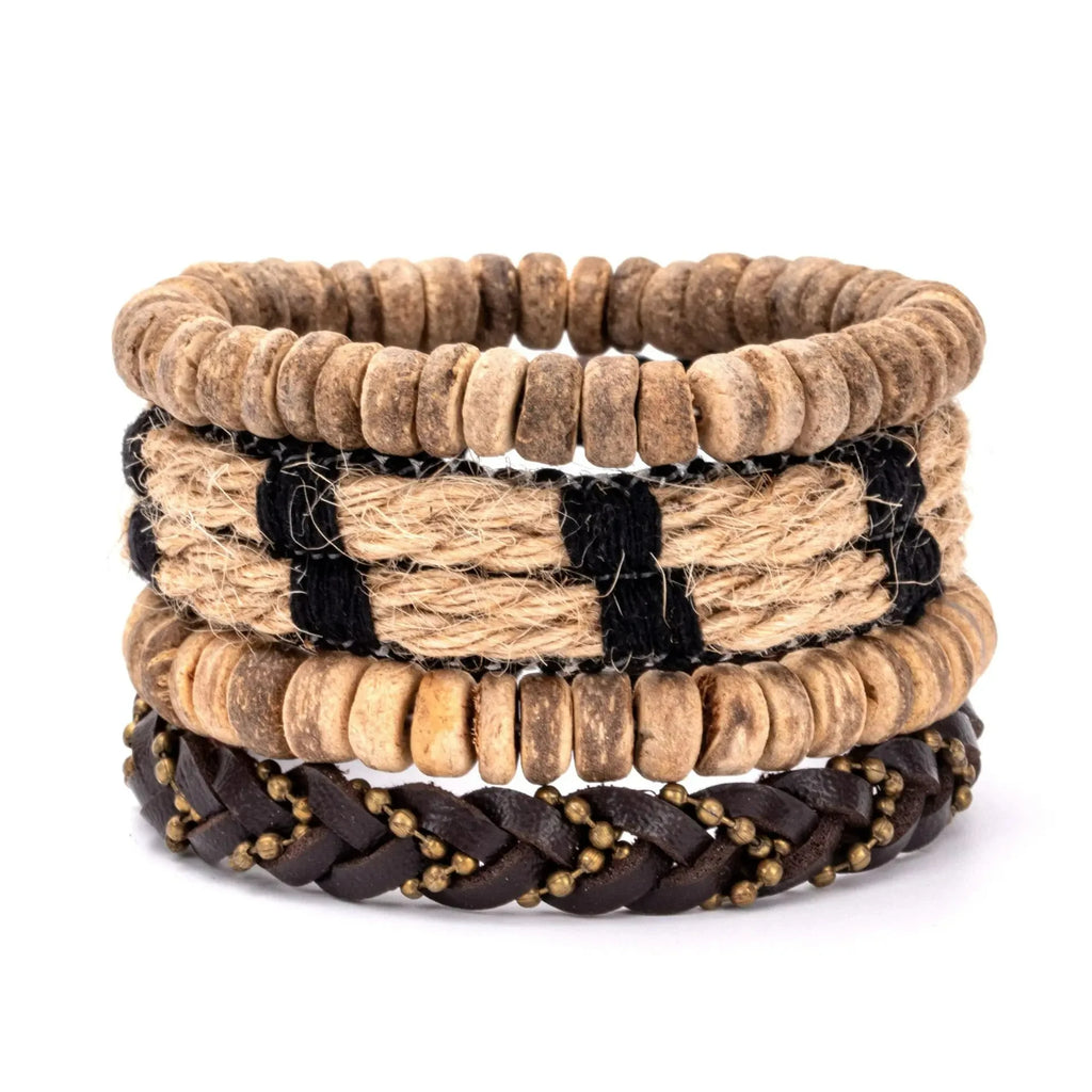 Leaf Pendant Bohemia Leather Bracelets for Men Women Ethnic Braid Rope Hand Woven Bracelet Drawstring Bracelet Beads Jewelry