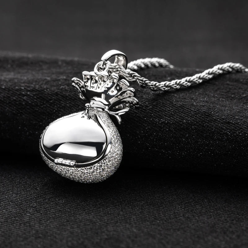 Iced Out Money Bag Pendant — 925 Silver
