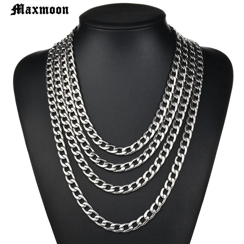 MAXMOON 1 piece Width 3mm/5mm/7mmCurb Cuban Link Chain Necklace for Men Women Basic Punk Stainless Steel Chain Chokers