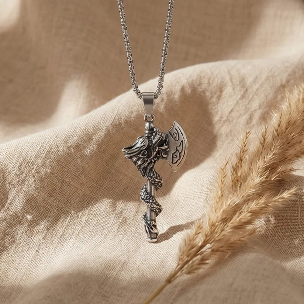 Silver Vintage Dragon Axe Pendant Necklace