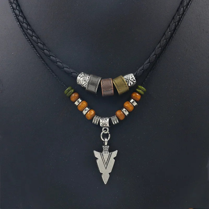 Collana Uomo Artificial Leather Rope Beaded Necklace Men Collier Homme Arrow Pendant Necklace For Men Jewelry Collar