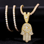 Bling Crystal Hamsa Hand Evil Eye Pendant Zircon Necklace For Women Iced Out Cuban Link Chain Necklace Men Punk Hip Hop